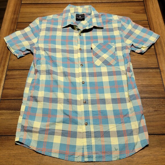 Junk Food Clothing Full Button SS Blouse - Blue & Orange Check Pattern - Small - Picture 1 of 5